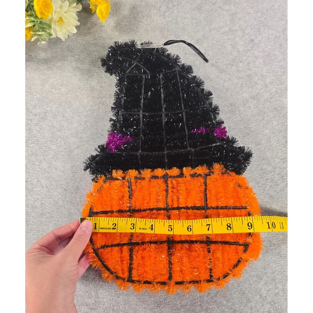 Vintage Y2K Pumpkin Wall Hanging Orange Halloween Tinsel Witch Hat Decor 14